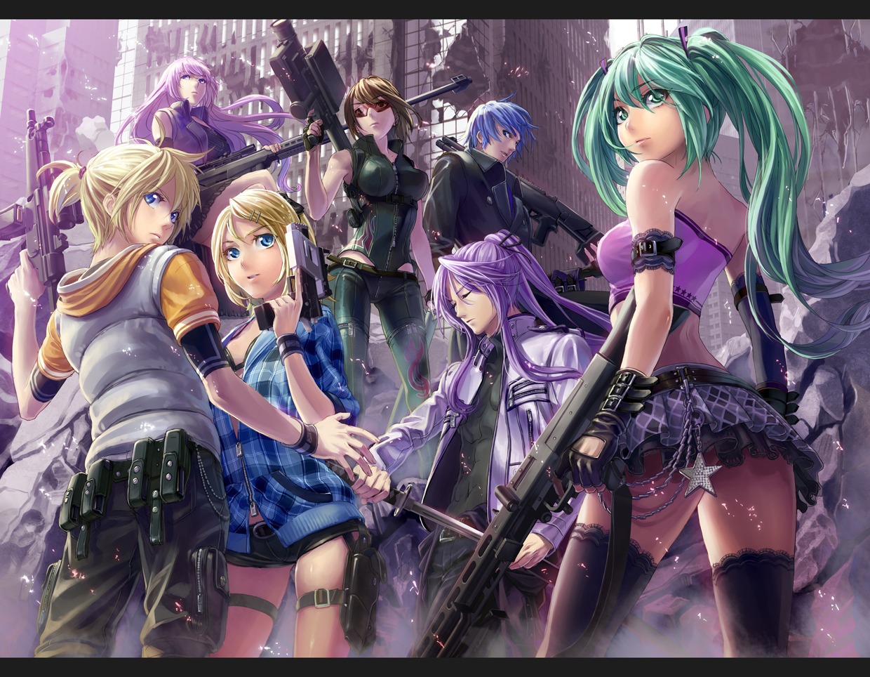 bikini_top, garter, gun, hatsune_miku, kagamine_len, kagamine_rin, kaito, kamui_gakupo, megane, megurine_luka, meiko, swimsuits, thighhighs, vocaloid, wallpaper, yahako