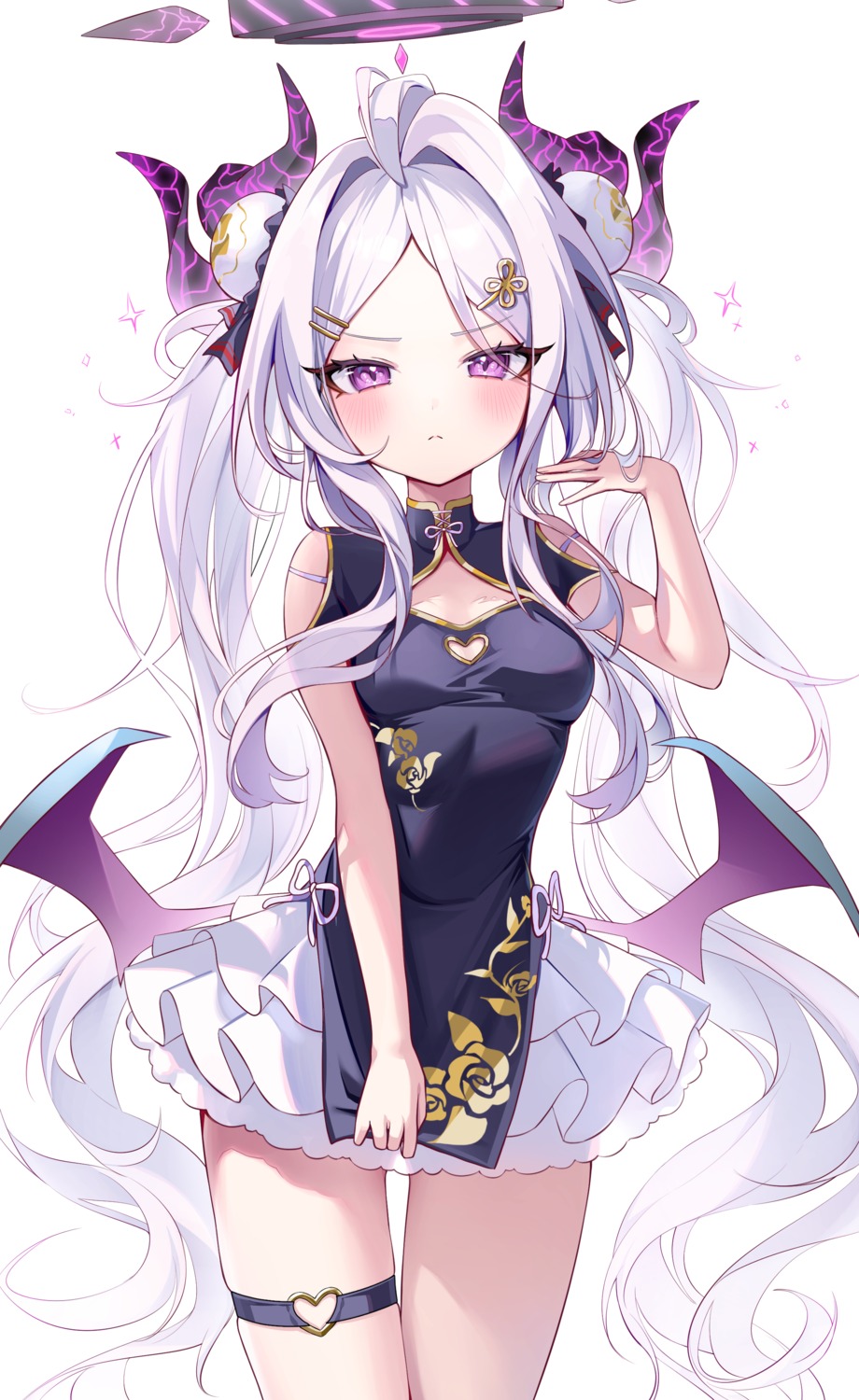 asian_clothes, blue_archive, devil, garter, halo, horns, nyaruin, sorasaki_hina, wings