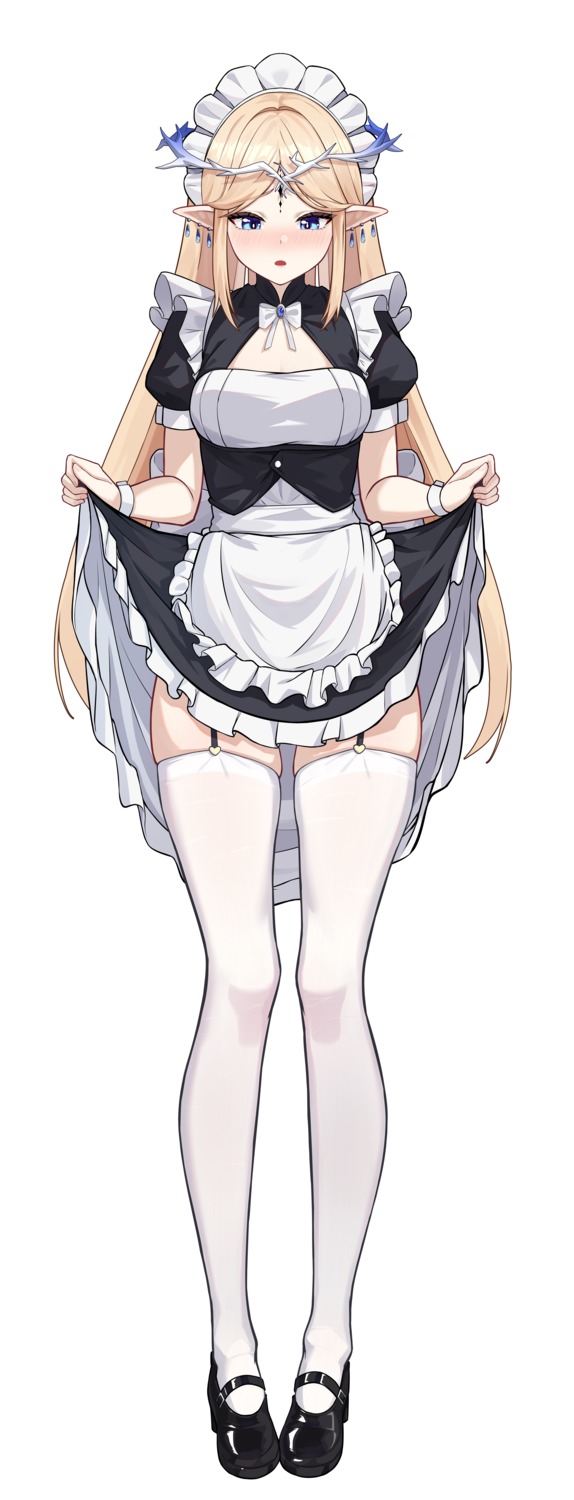 cartethyia, maid, pointy_ears, skirt_lift, stockings, tattoo, thighhighs, uncle_dash, wuthering_waves