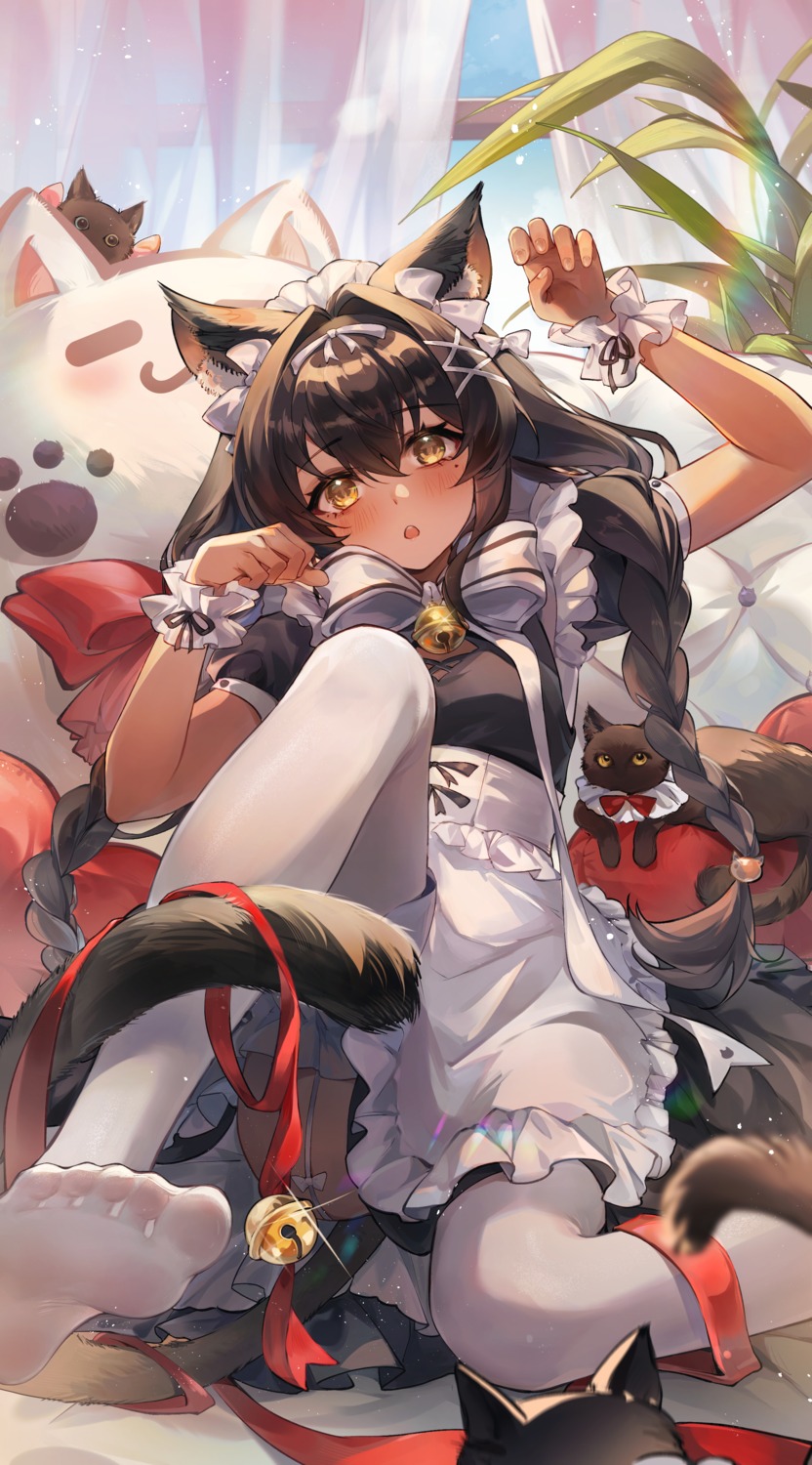 animal_ears, maid, mauxir, neko, nekomimi, skirt_lift, snowbreak:_containment_zone, stockings, tagme, tail, thighhighs
