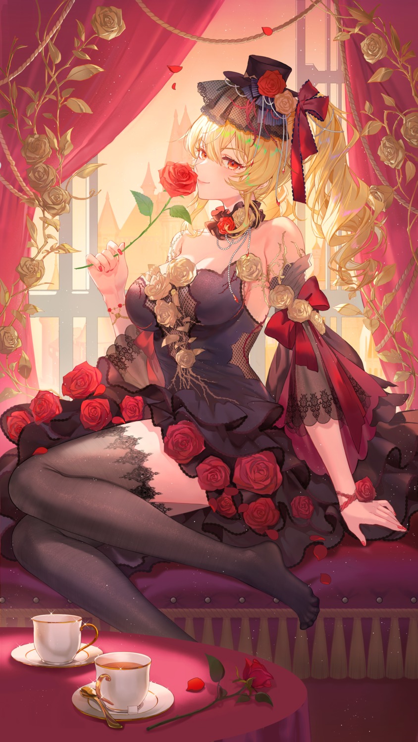 dress, fenny_golden, fishnets, no_bra, see_through, skirt_lift, snowbreak:_containment_zone, tagme