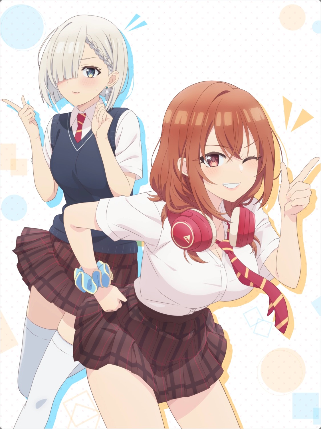 cleavage, headphones, kohinata_iroha, open_shirt, seifuku, skirt_lift, sweater, tagme