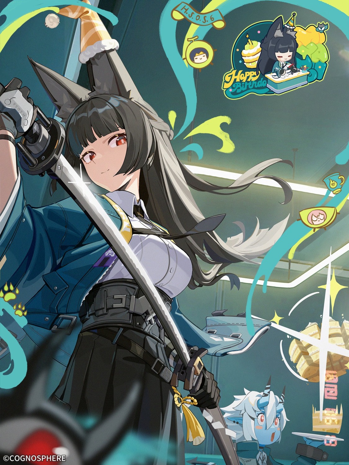 animal_ears, chibi, horns, hoshimi_miyabi, kitsune, pointy_ears, soukaku, sword