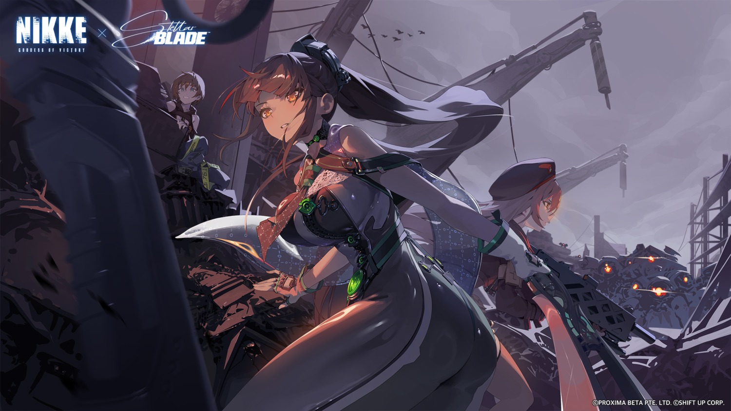 bodysuit, crossover, eve_(stellar_blade), goddess_of_victory:_nikke, gun, lily_artemis_ii, rapi_(nikke), stellar_blade, sword, tagme, uniform, wallpaper