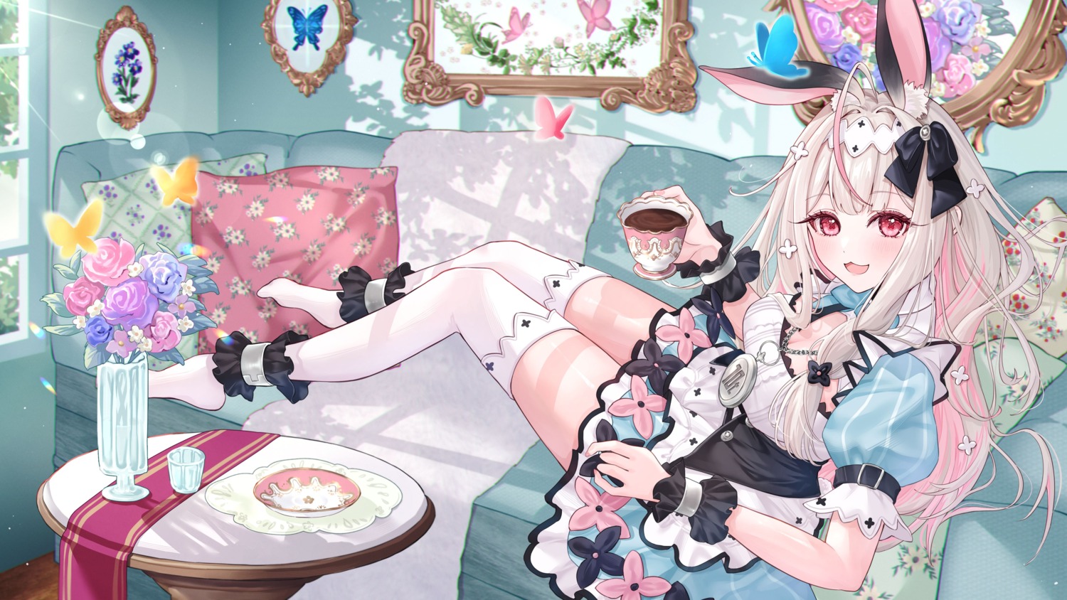 animal_ears, bunny_ears, cleavage, dress, jpeg_artifacts, minausa, thighhighs, unohana_nonochi