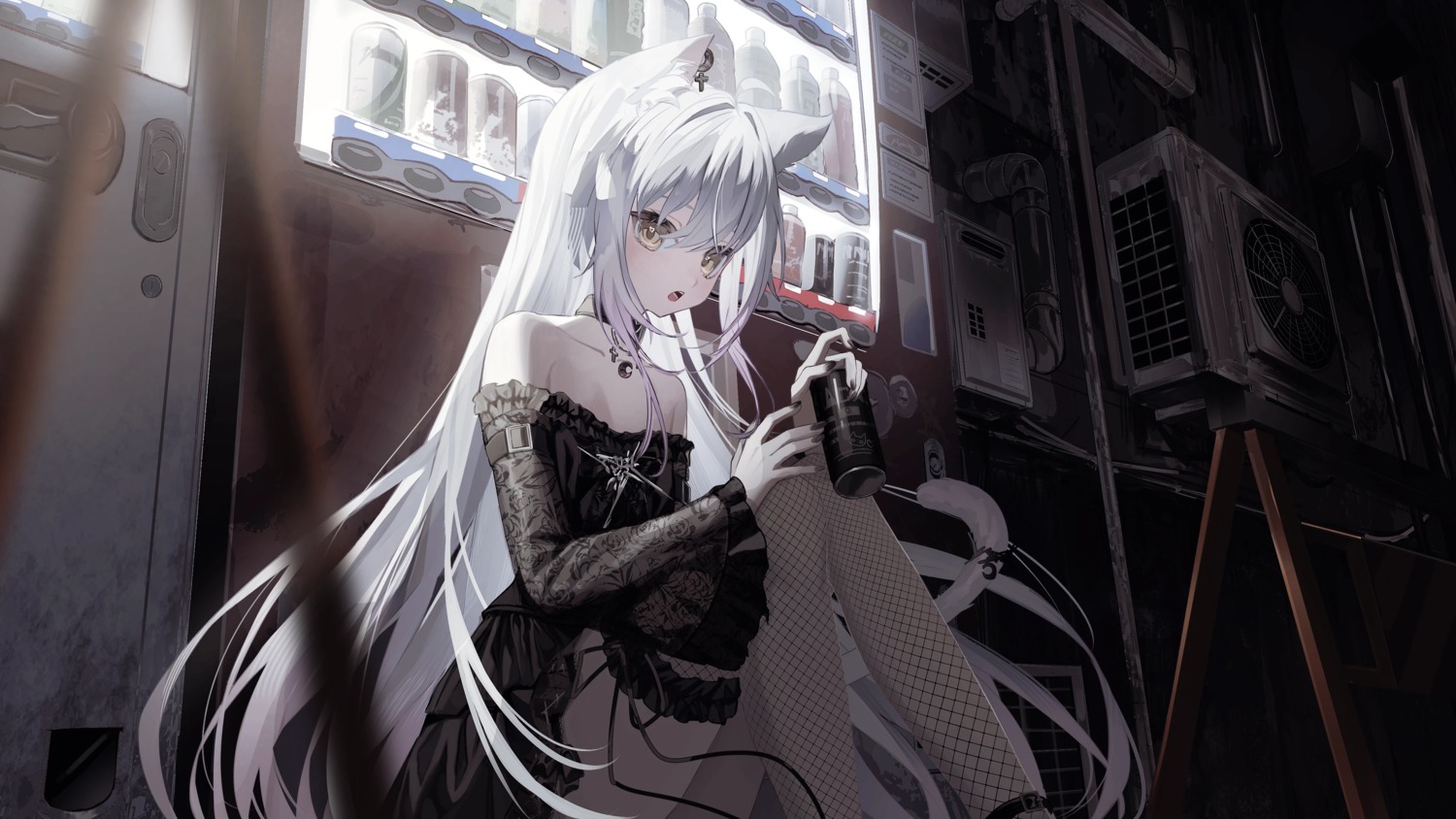 animal_ears, dress, fishnets, garter, indie_virtual_youtuber, lolita_fashion, nekomimi, shou_(mori_boro)