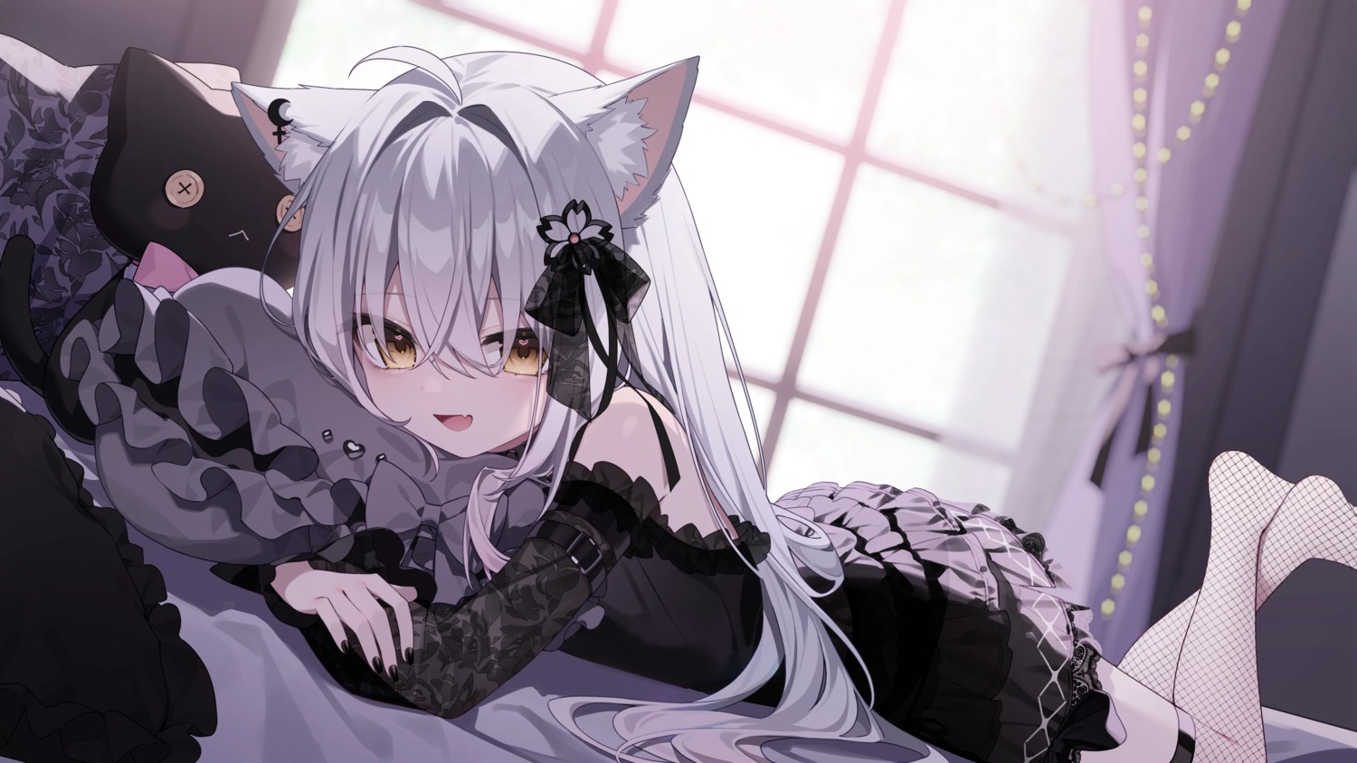 animal_ears, detexted, dress, fishnets, hazakura_chikori, indie_virtual_youtuber, lolita_fashion, nekomimi