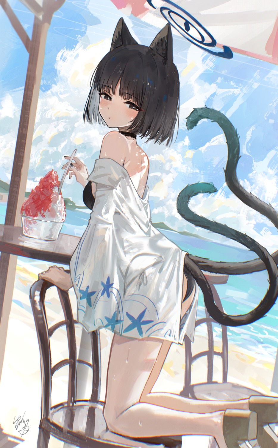 animal_ears, bikini, blue_archive, halo, hidulume, japanese_clothes, kiryuu_kikyou, nekomimi, see_through, swimsuits, tail, wet