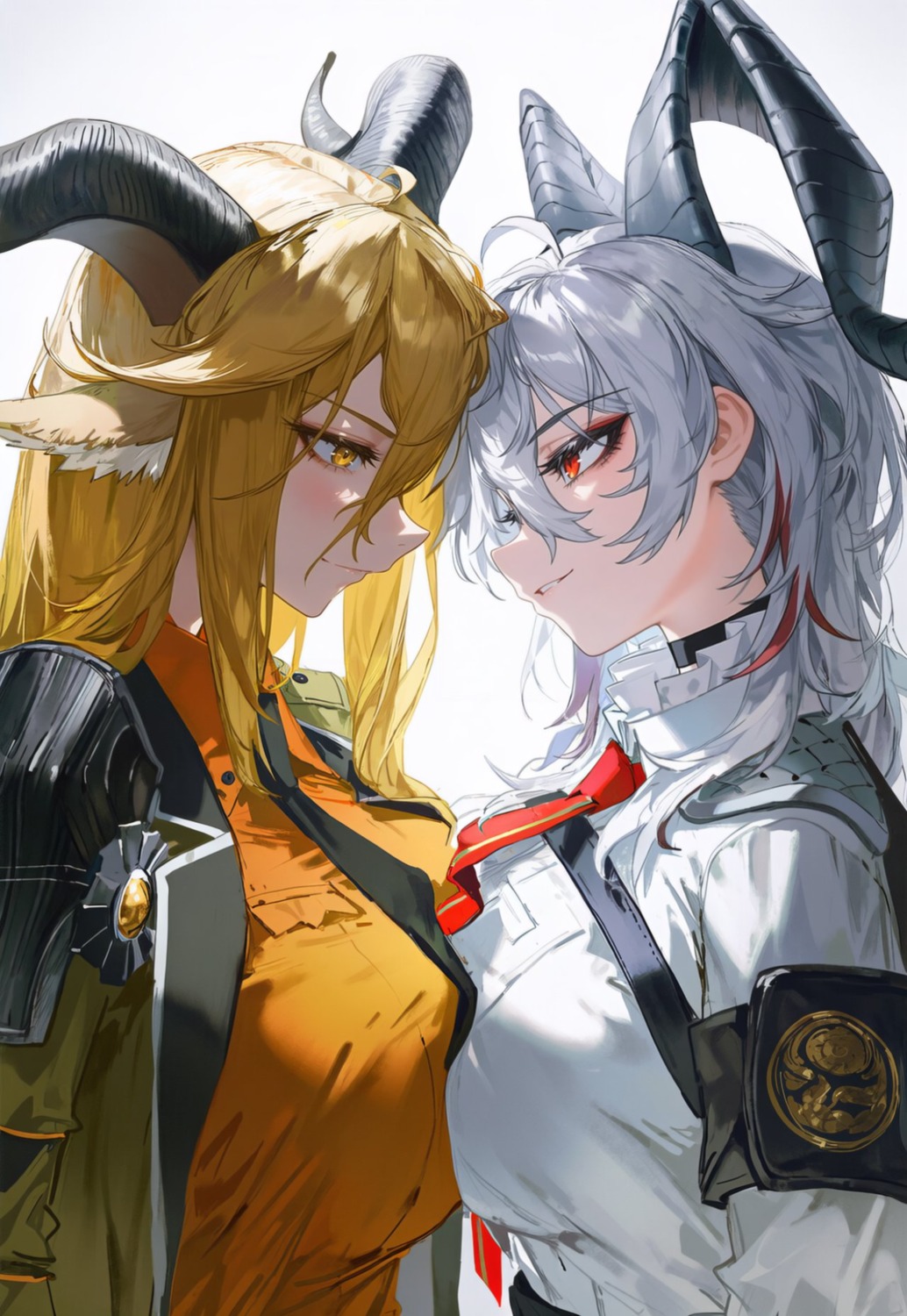 animal_ears, arknights, crossover, degenbrecher_(arknights), dress_shirt, horns, mikogomen, symmetrical_docking, uniform, wuthering_waves, zani