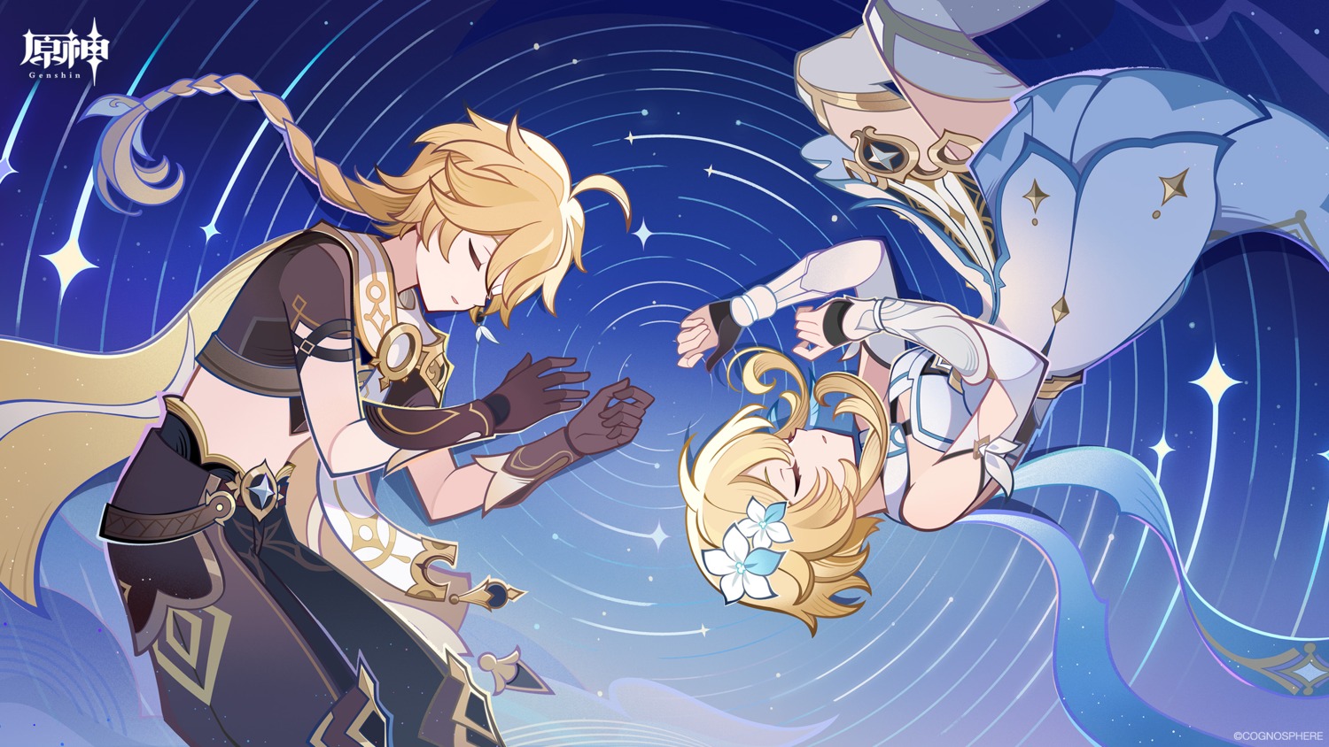 aether, dress, genshin_impact, lumine, tagme, thighhighs, wallpaper