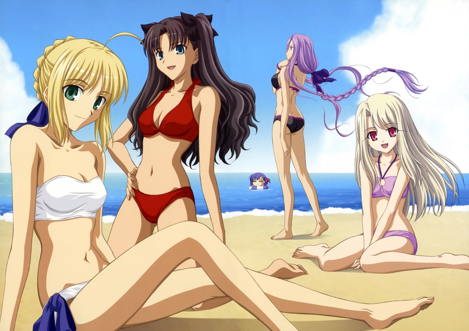 artoria_pendragon_(fate), bikini, club40, fate/stay_night, illyasviel_von_einzbern, ishihara_megumi, matou_sakura, medusa_(fate), swimsuits, toosaka_rin