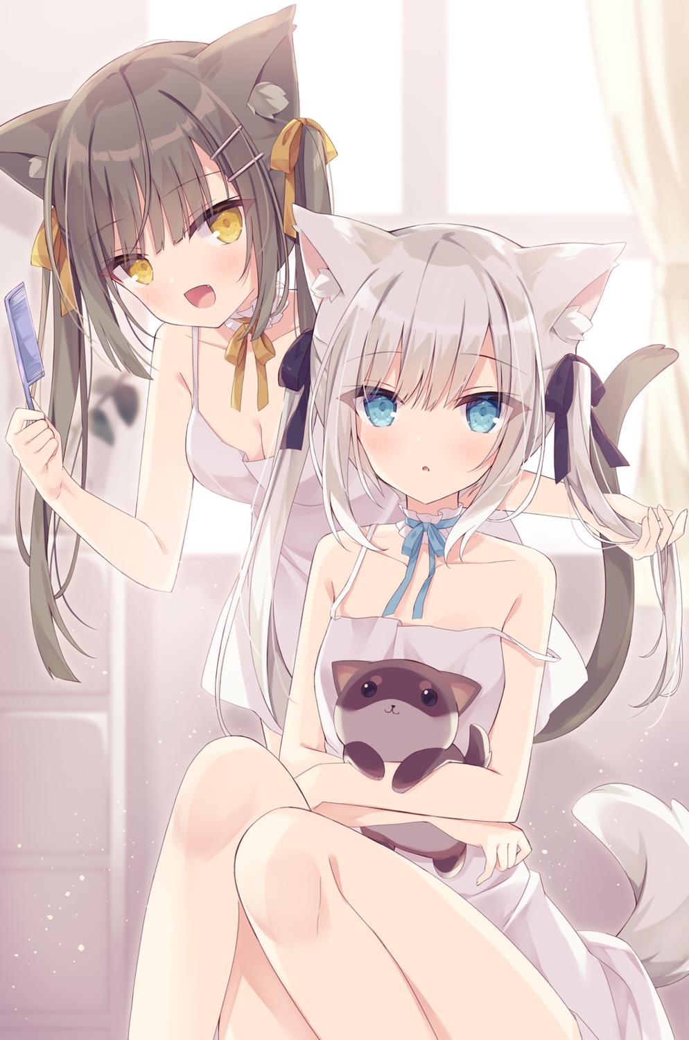 animal_ears, dress, hoshi, inumimi, kohaku_(hoshi), mashiro_(hoshi), nekomimi, no_bra