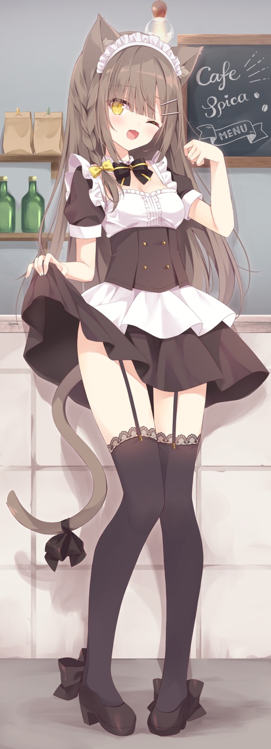 animal_ears, heels, hoshi, kohaku_(hoshi), maid, nekomimi, skirt_lift, stockings, tail, thighhighs