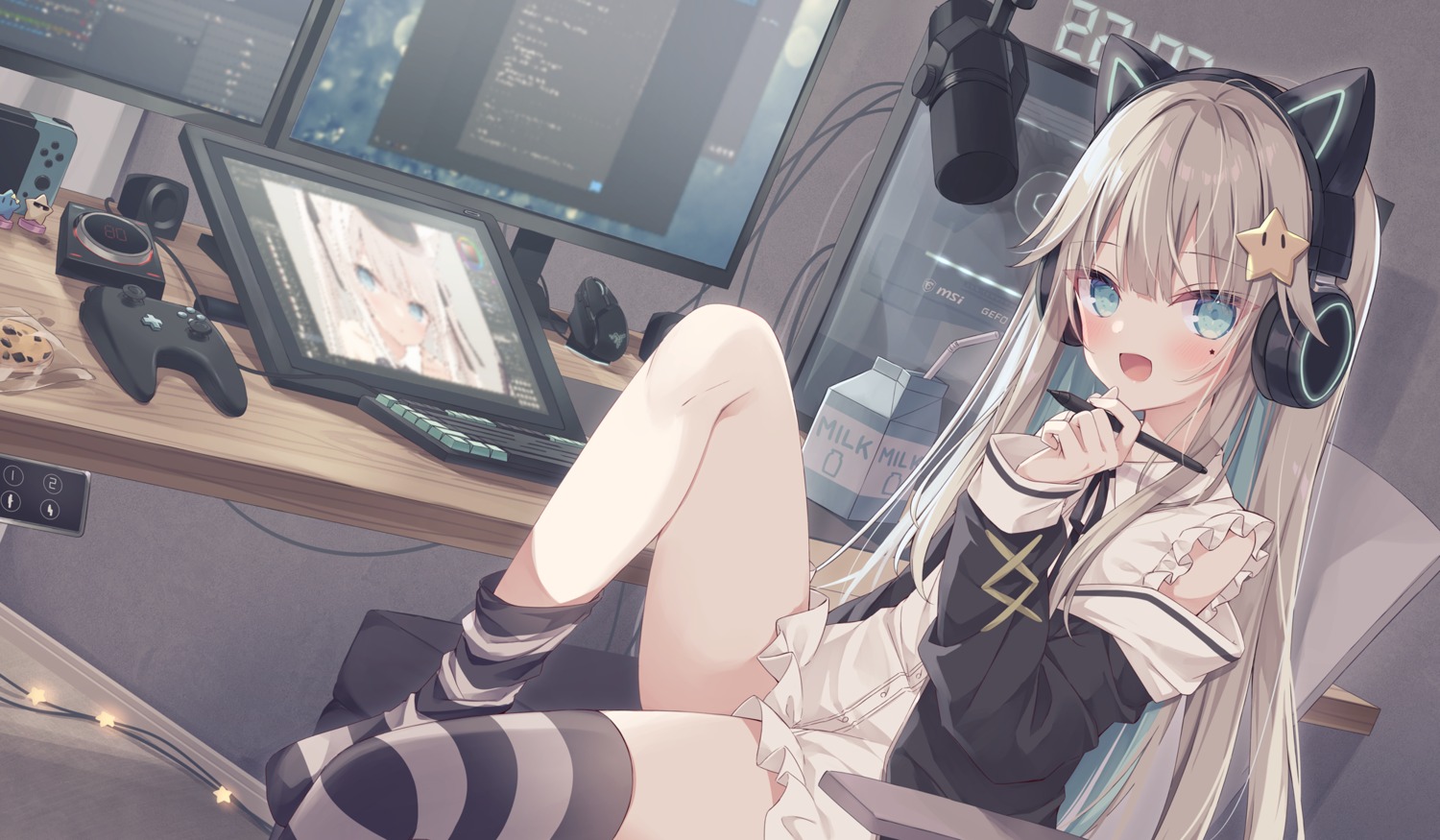 animal_ears, dress, headphones, hoshi, nekomimi, skirt_lift, thighhighs, v_hoshi