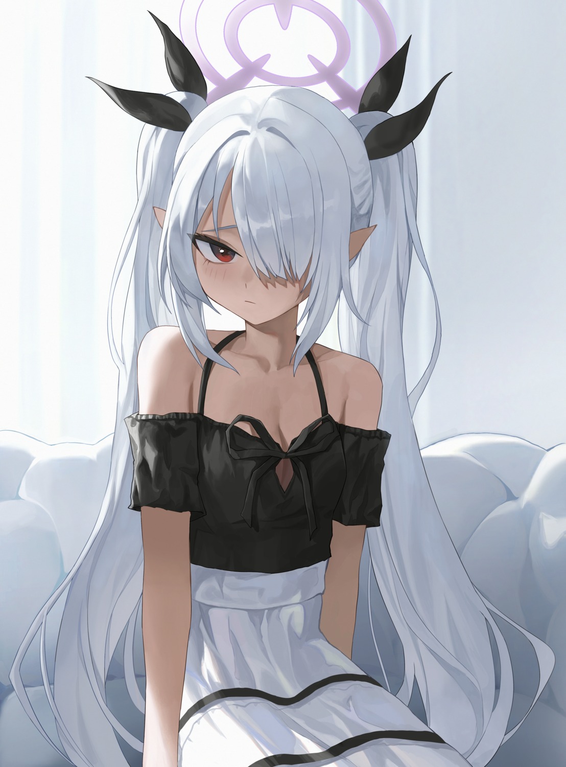 863255464, blue_archive, cleavage, halo, pointy_ears, shiromi_iori