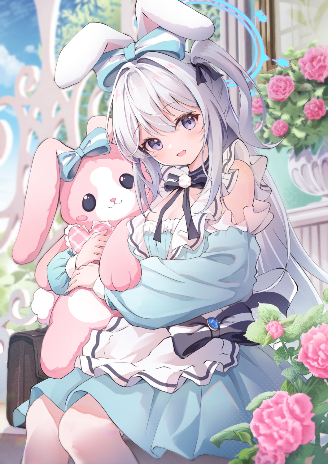 animal_ears, blue_archive, bunny_ears, dress, halo, tsukiyuki_miyako, yukisaki_mizuchi