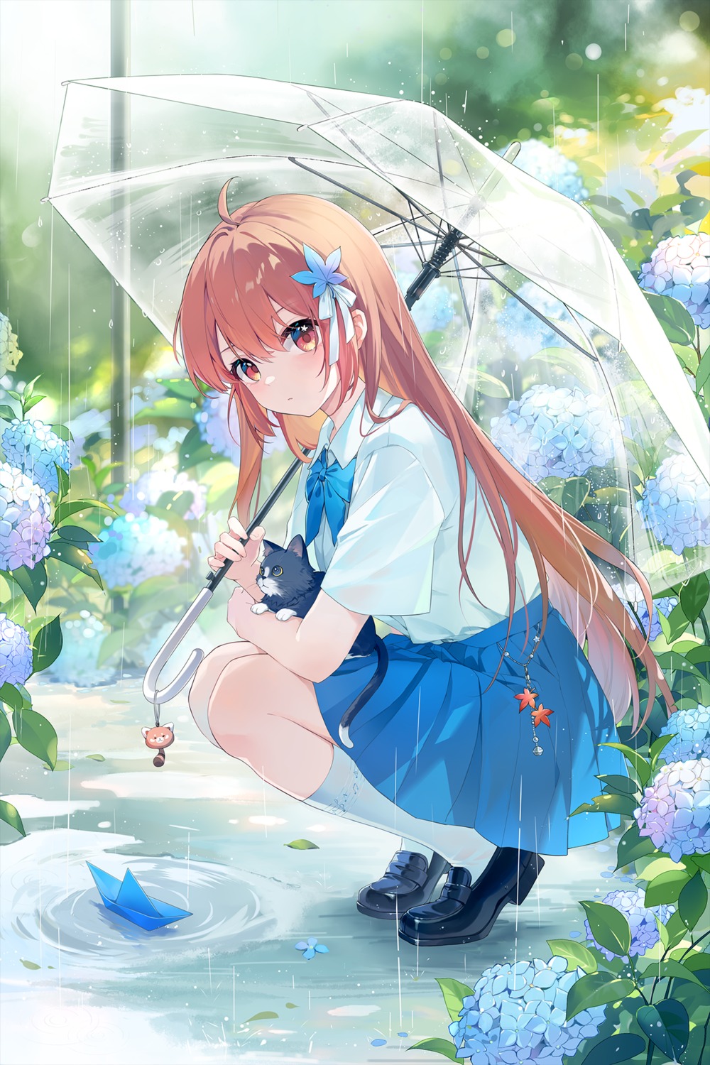 indie_virtual_youtuber, morimori_(14292311), neko, see_through, seifuku, umbrella, wet_clothes