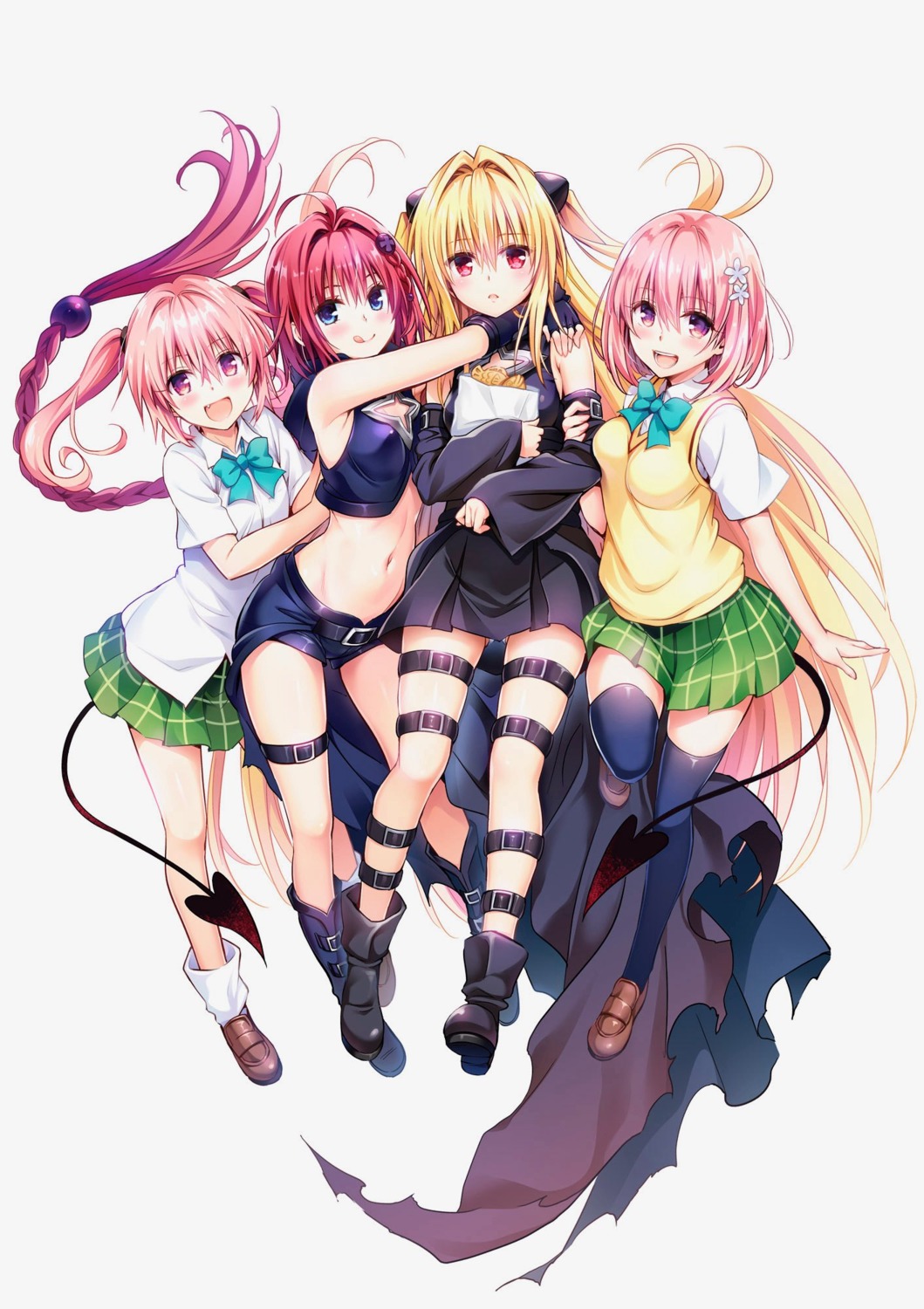 garter, konjiki_no_yami, kurosaki_mea, momo_velia_deviluke, nana_asta_deviluke, seifuku, sweater, tail, thighhighs, to_love_ru, to_love_ru_darkness, yabuki_kentarou