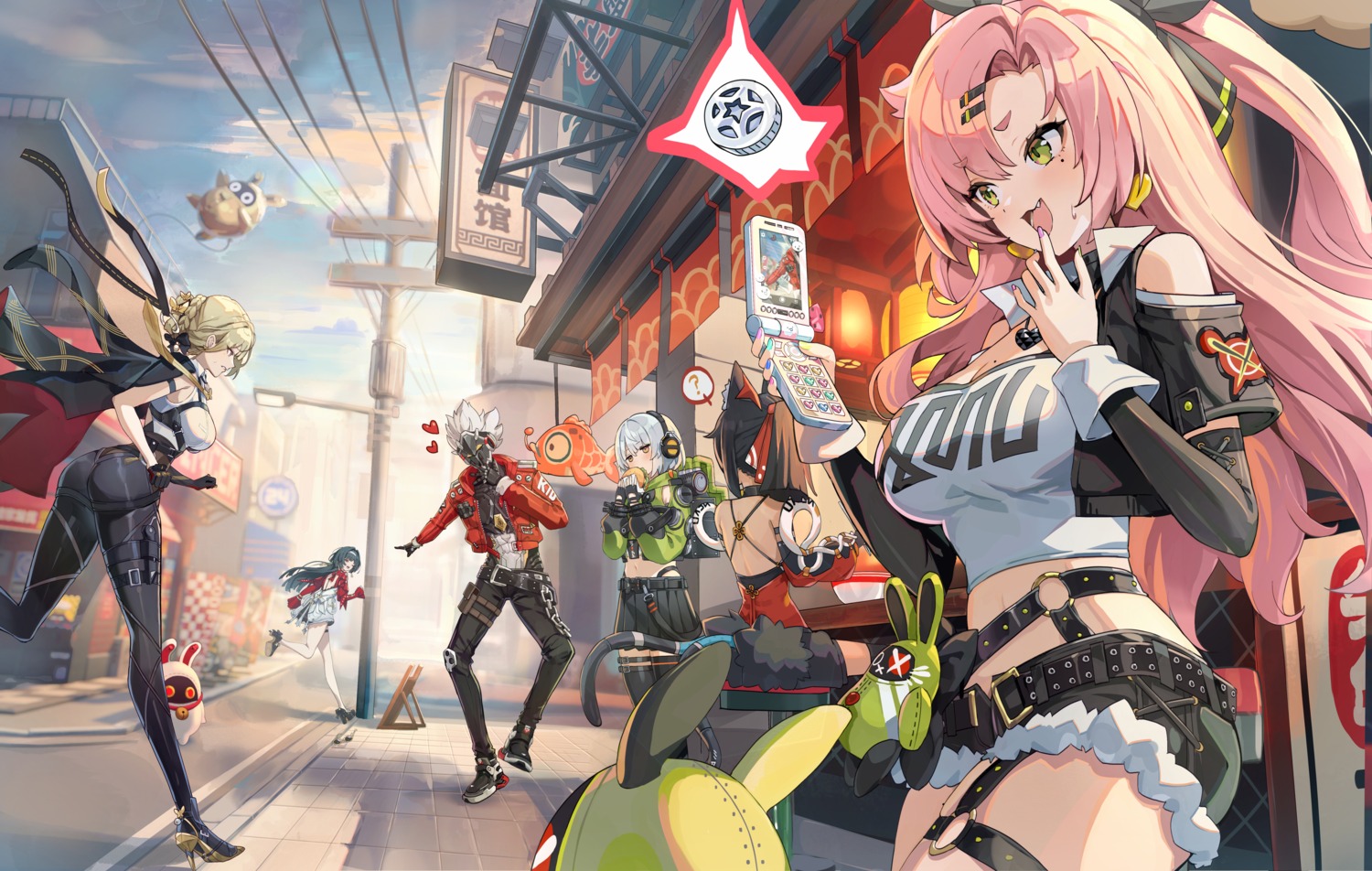 anby_demara, animal_ears, astra_yao, billy_kid, dress, evelyn_chevalier, garter, headphones