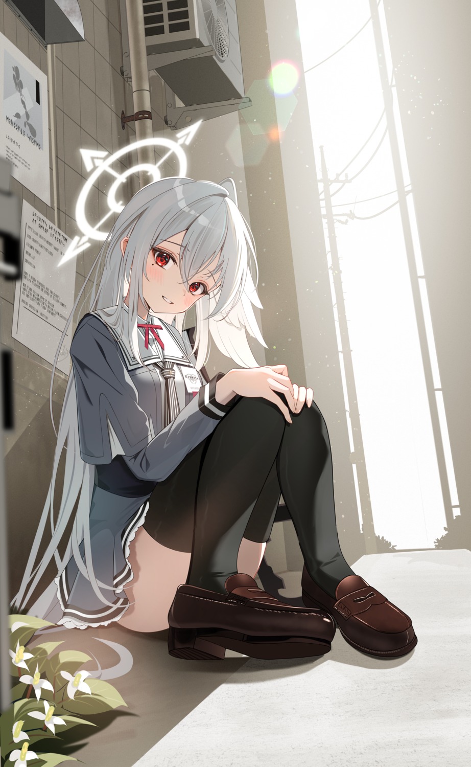 blue_archive, halo, morizuki_suzumi, seifuku, sikimosh, skirt_lift, thighhighs, wings