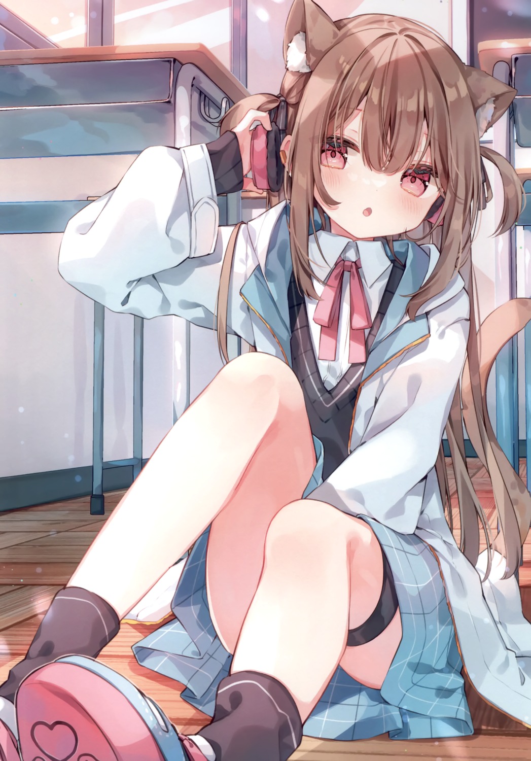 animal_ears, garter, headphones, nekomimi, pirori_kingdom, pirose, seifuku, skirt_lift