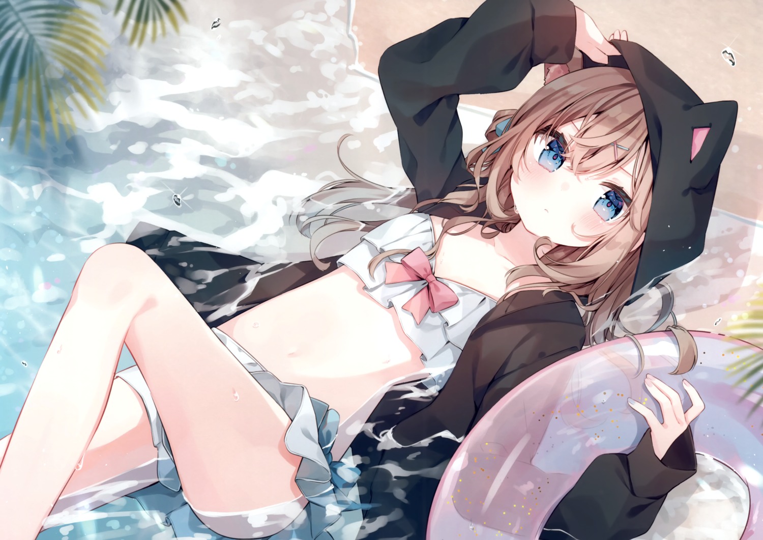 animal_ears, bikini, nekomimi, open_shirt, pirori_kingdom, pirose, skirt_lift, swimsuits