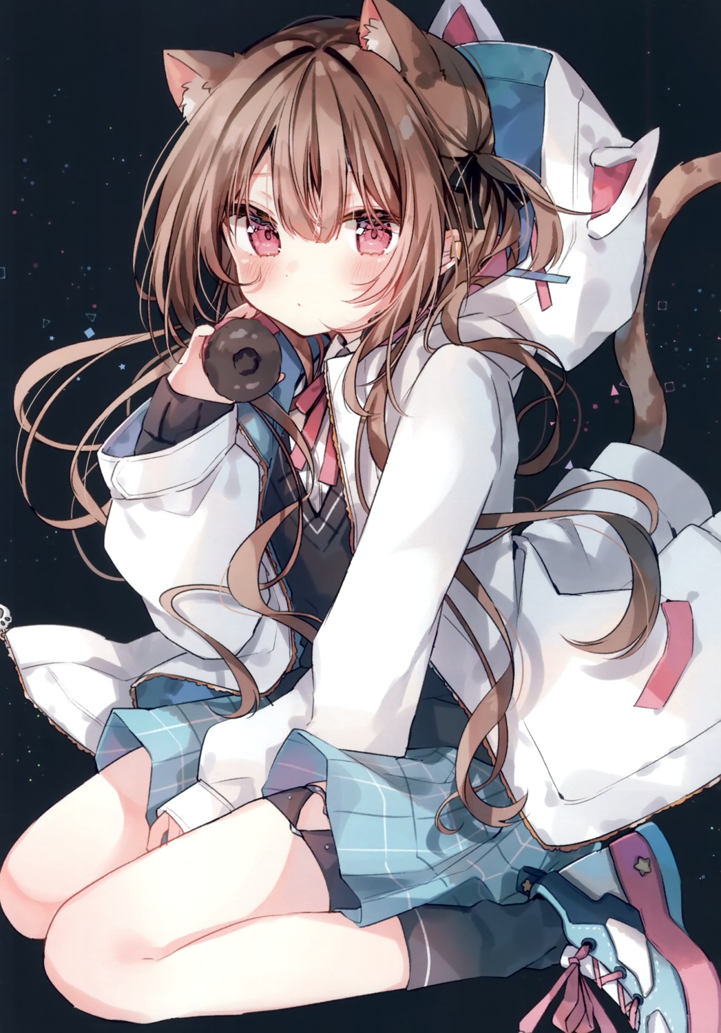 animal_ears, garter, headphones, nekomimi, pirori_kingdom, pirose, seifuku, skirt_lift