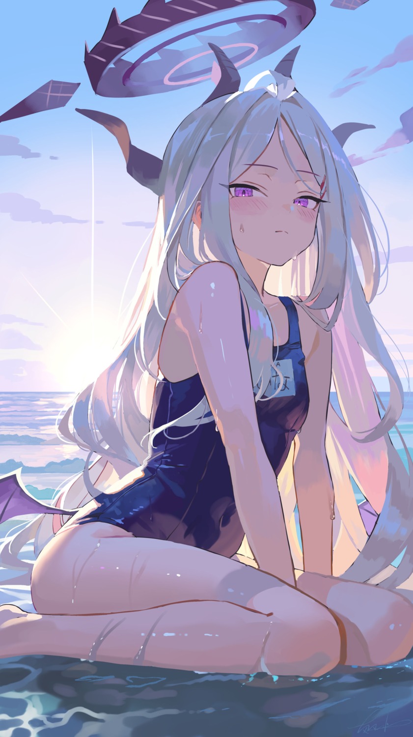 blue_archive, devil, halo, horns, school_swimsuit, sorasaki_hina, swimsuits, wet, wings, yumeno_yume
