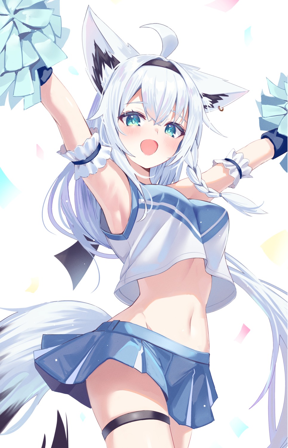 animal_ears, cheerleader, garter, hololive, hololive_gamers, kitsune, shirakami_fubuki, skirt_lift
