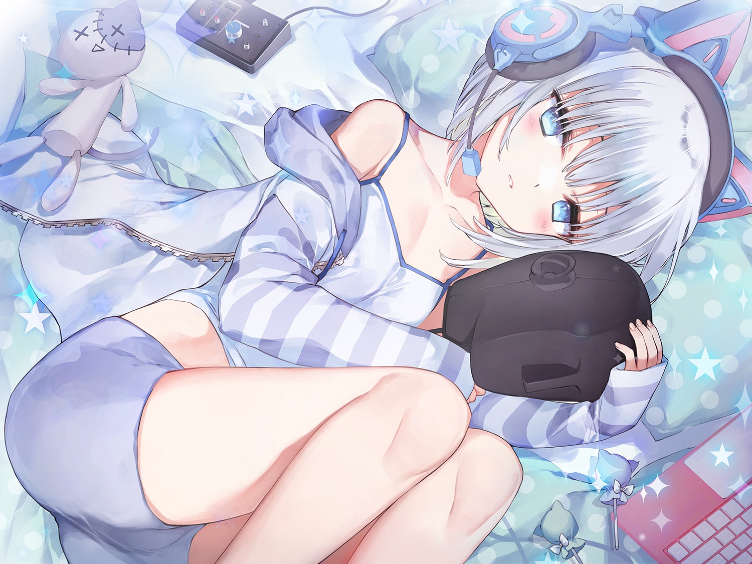 animal_ears, headphones, nekomimi, pajama, satsuki_misuzu