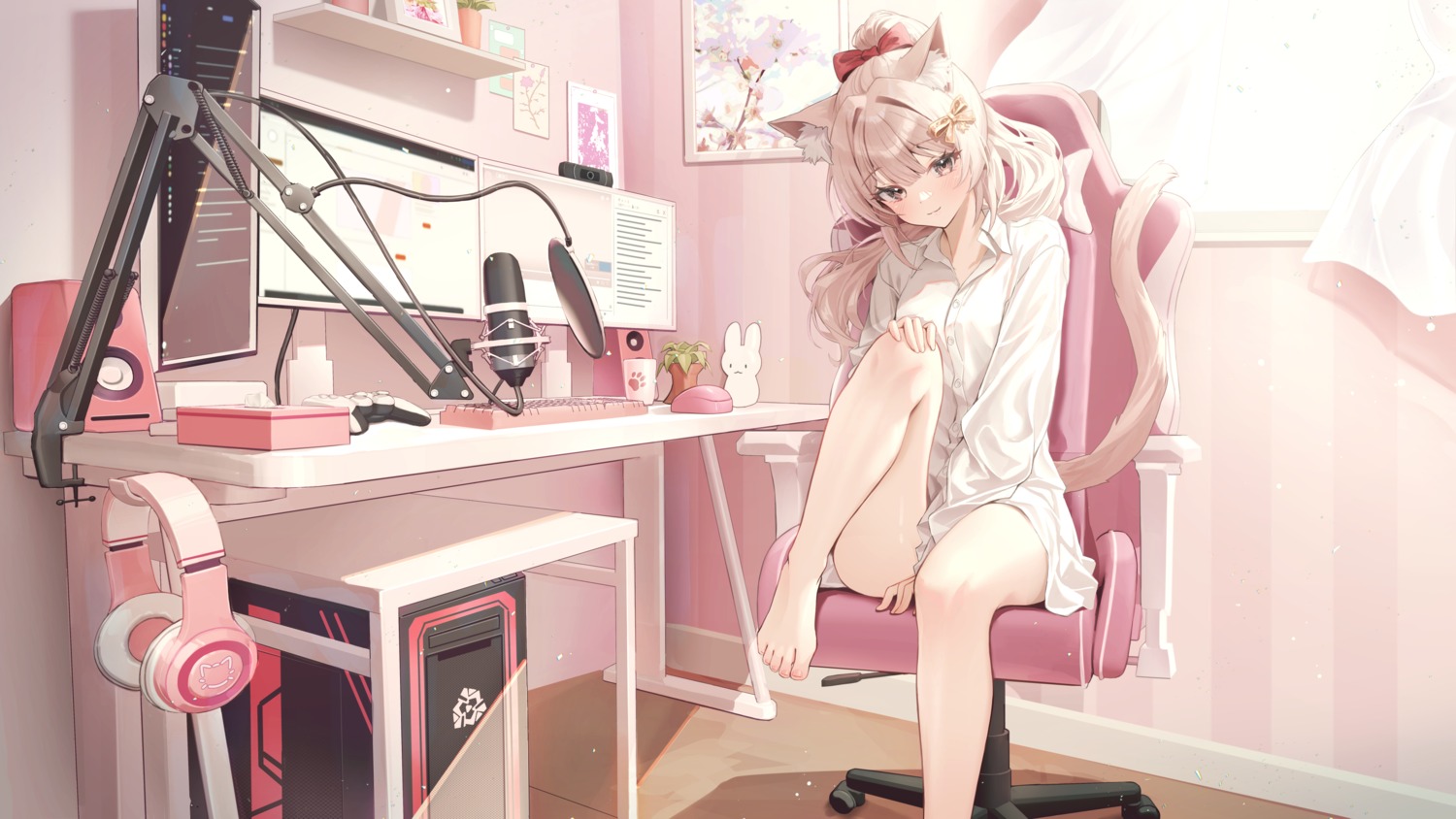 animal_ears, babupipi, bluedok_(o-ni), dress_shirt, indie_virtual_youtuber, nekomimi, tail