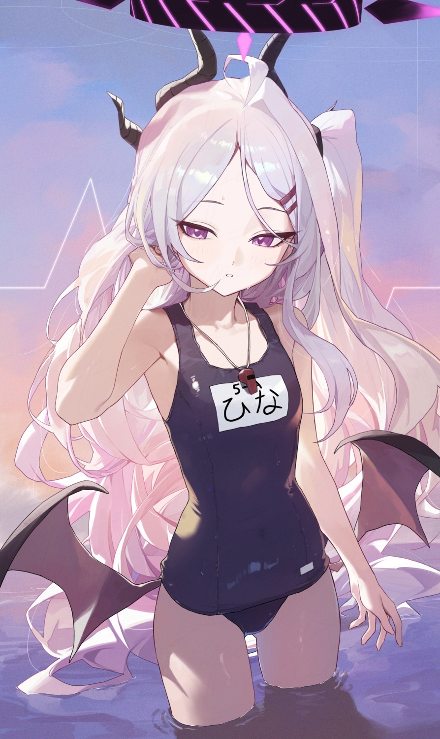 blue_archive, devil, halo, horns, school_swimsuit, sorasaki_hina, swimsuits, toi1et_paper