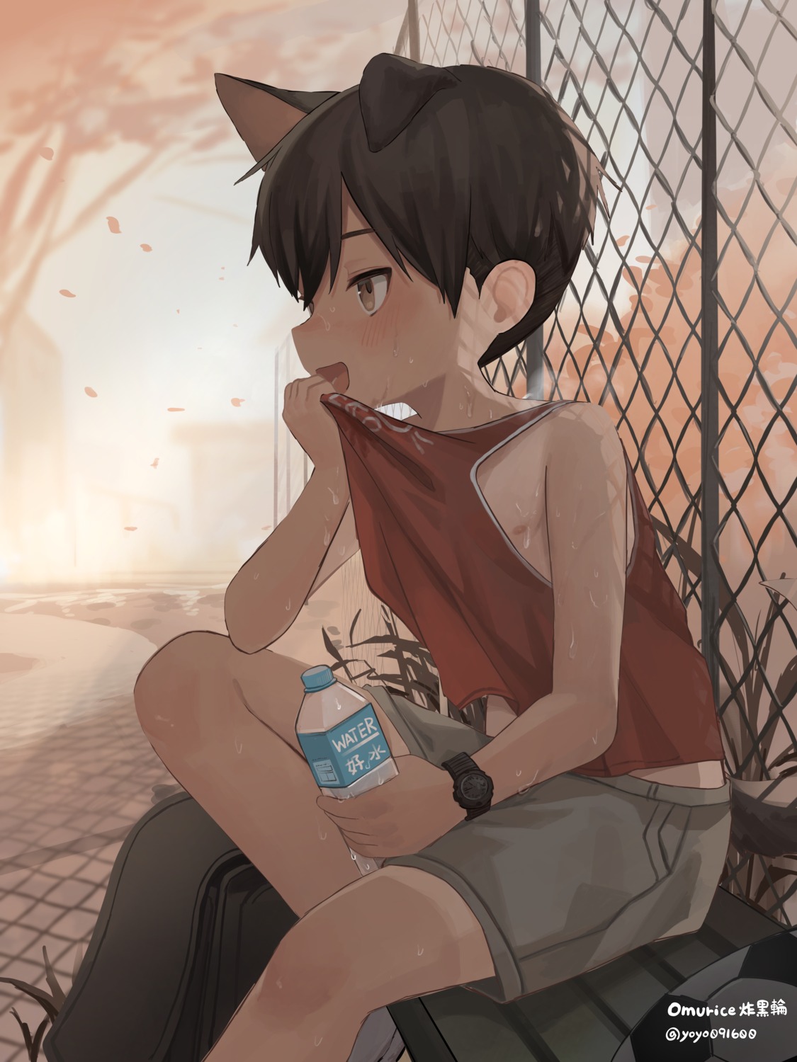 animal_ears, male, nekomimi, omurice_(artist), tail, wet
