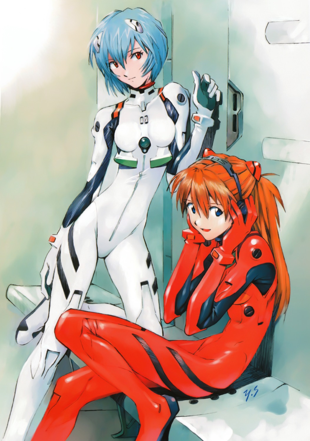 ayanami_rei, bodysuit, neon_genesis_evangelion, sadamoto_yoshiyuki, souryuu_asuka_langley
