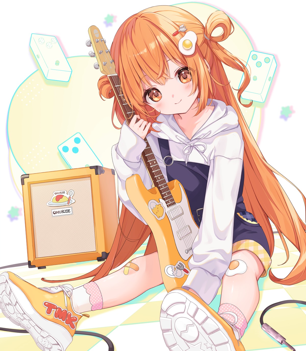 bandaid, guitar, kirara_tamako, moeko, nijisanji, overalls