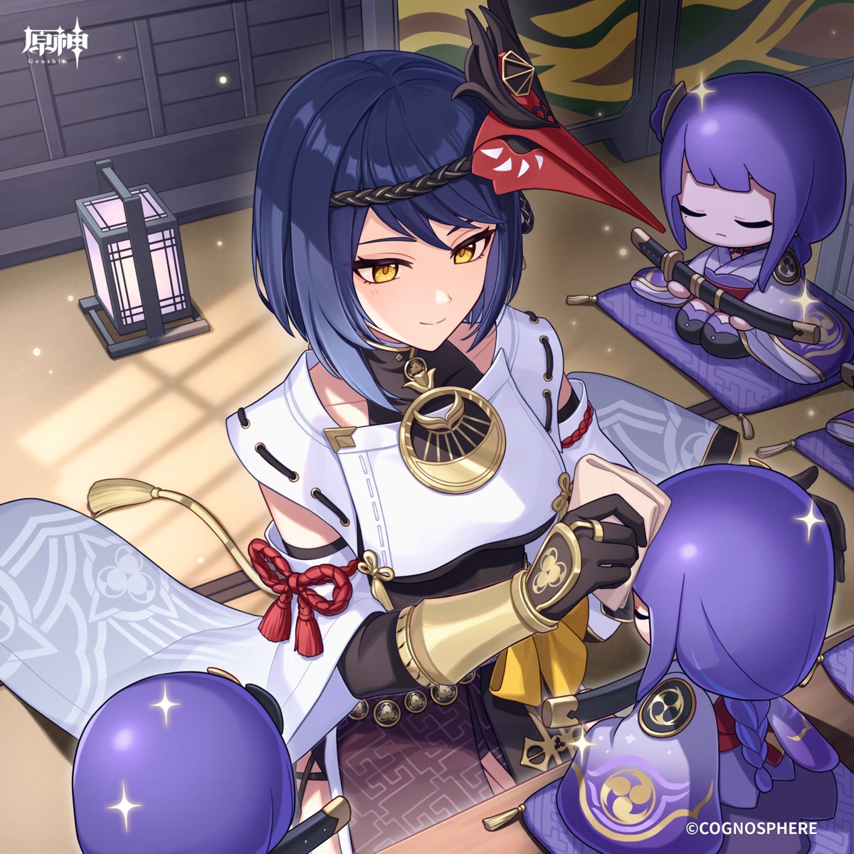 armor, chibi, genshin_impact, japanese_clothes, kujou_sara, raiden_shogun, sword, thighhighs