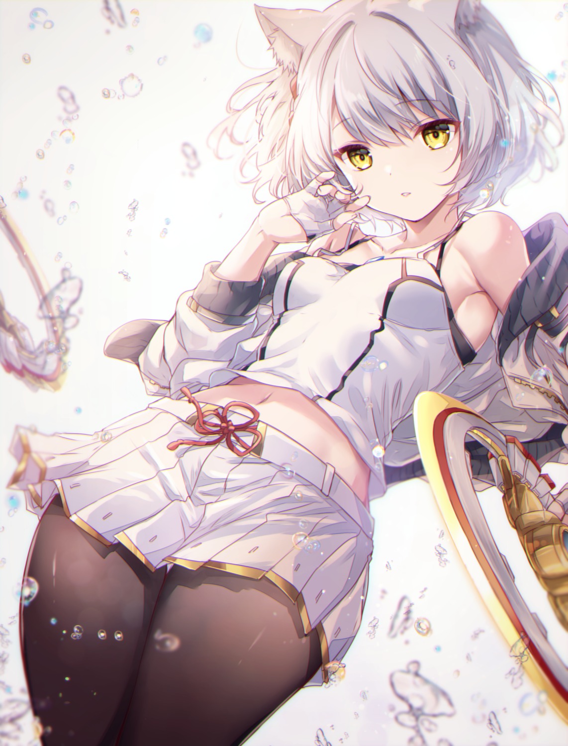 animal_ears, mio_(xenoblade_3), nekomimi, pantyhose, skirt_lift, ui_frara, weapon, xenoblade_(series)