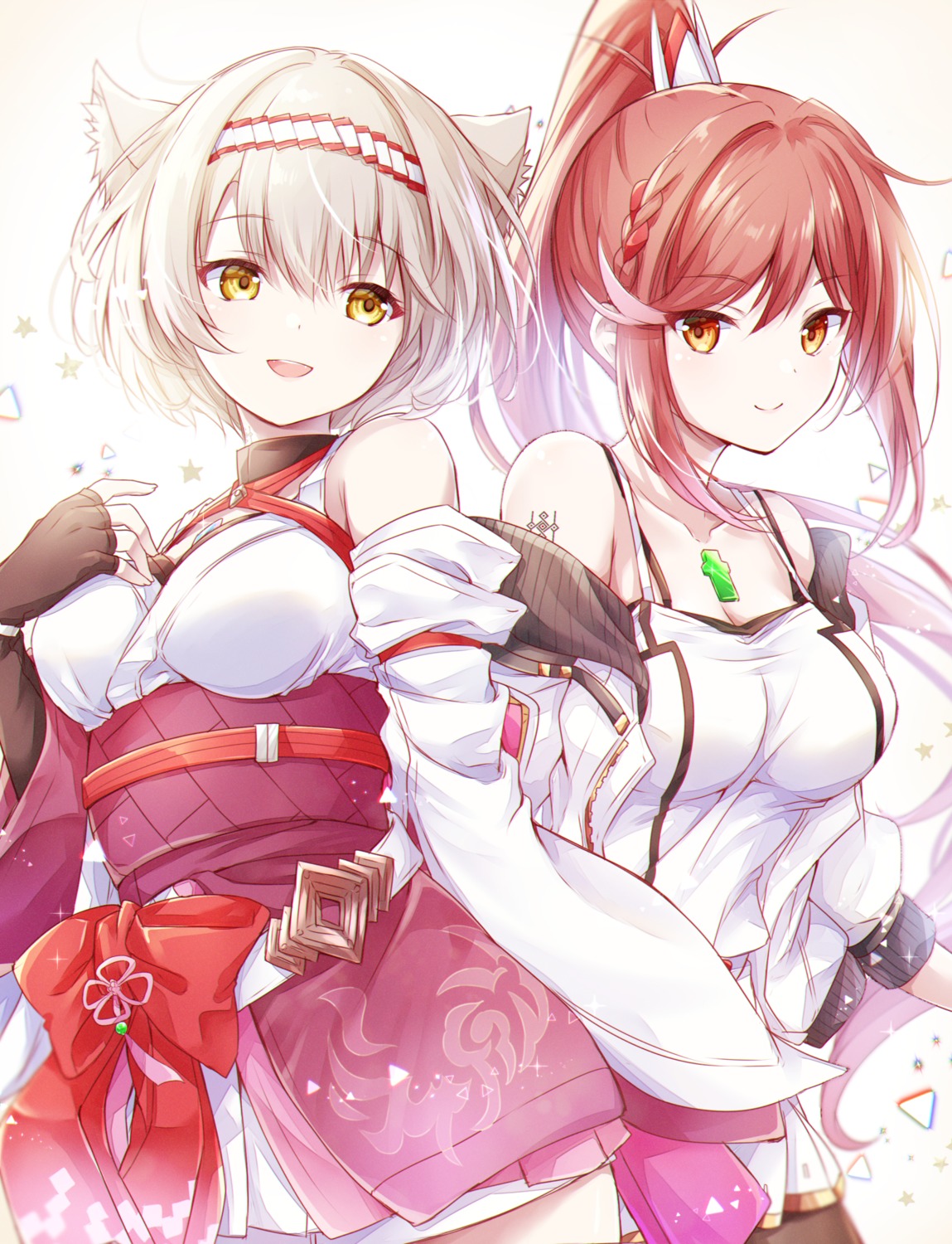 animal_ears, cosplay, japanese_clothes, kagiroi_(xenoblade_3), mio_(xenoblade_3), nekomimi, pantyhose, tattoo