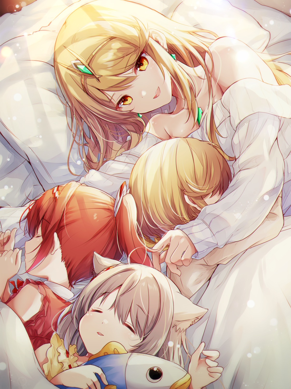 animal_ears, hikari_(xenoblade_2), kagiroi_(xenoblade_3), mio_(xenoblade_3), nekomimi, no_bra, sheets, sweater