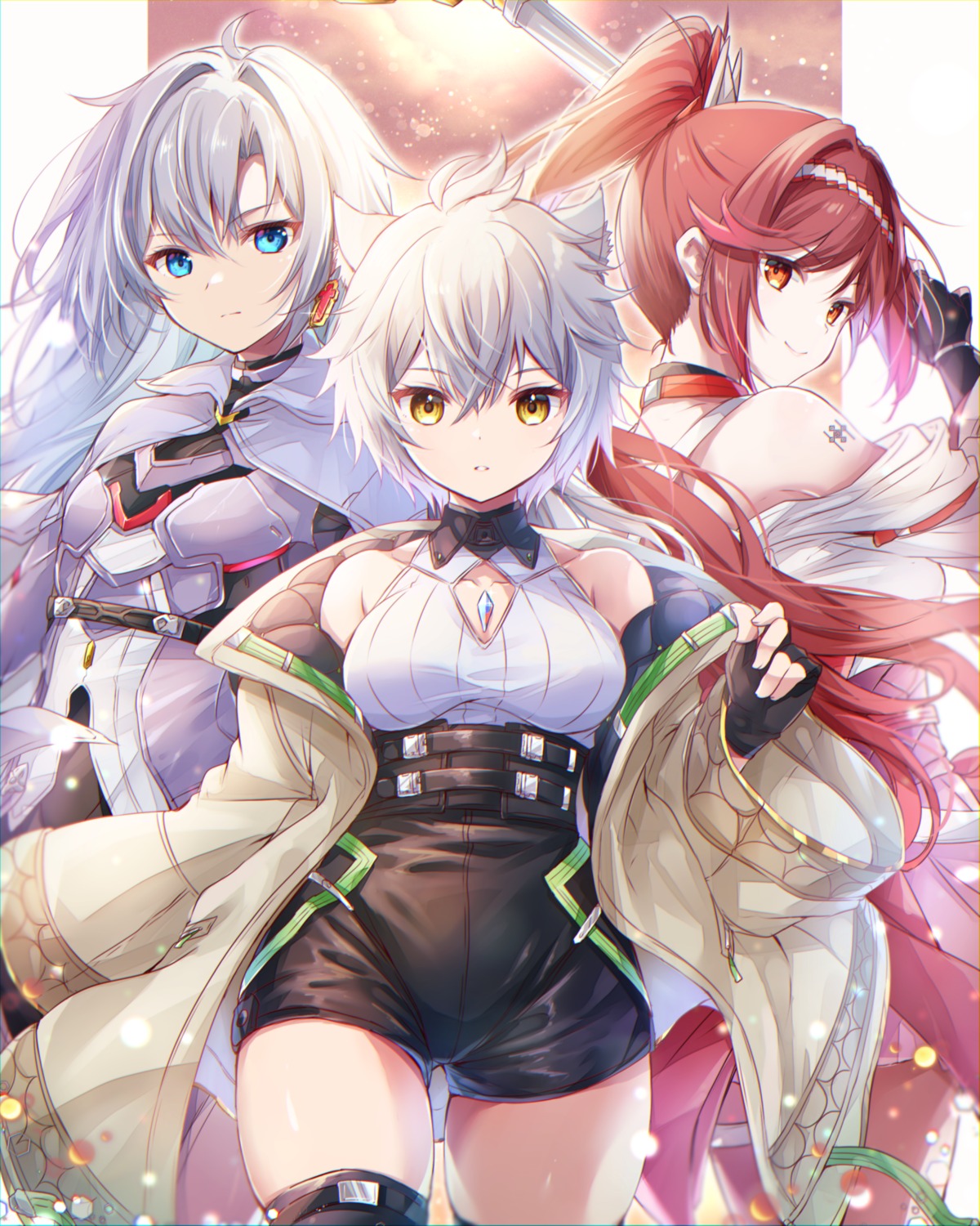 a_(xenoblade_3), animal_ears, bodysuit, garter, japanese_clothes, kagiroi_(xenoblade_3), na'el_(xenoblade_3), nekomimi