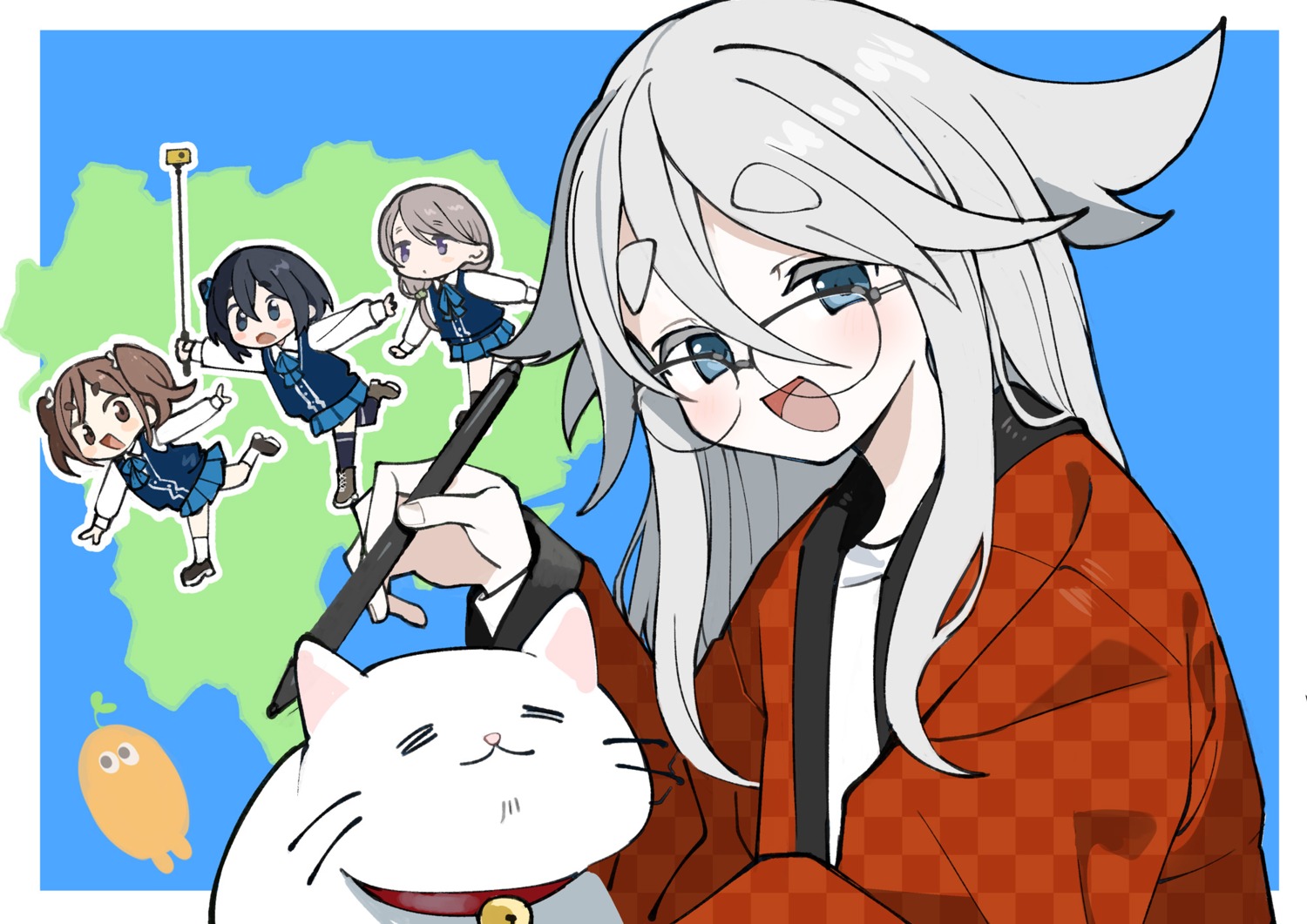 akiyama_haruno, amamiya_satsuki_(mono), chibi, japanese_clothes, kiriyama_an, kokamumo, megane, mono_(afro), neko, seifuku, shikishima_sakurako, sweater