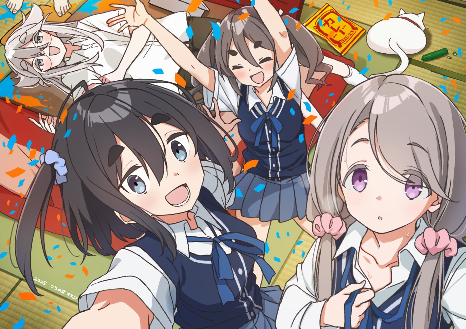 akiyama_haruno, amamiya_satsuki_(mono), dress_shirt, kiriyama_an, kounosu_satori, megane, mono_(afro), neko, seifuku, selfie, shikishima_sakurako, sweater