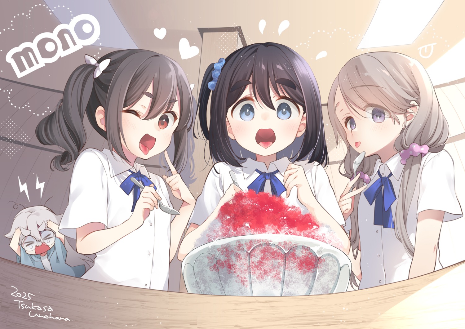 akiyama_haruno, amamiya_satsuki_(mono), chibi, kiriyama_an, megane, mono_(afro), seifuku, shikishima_sakurako