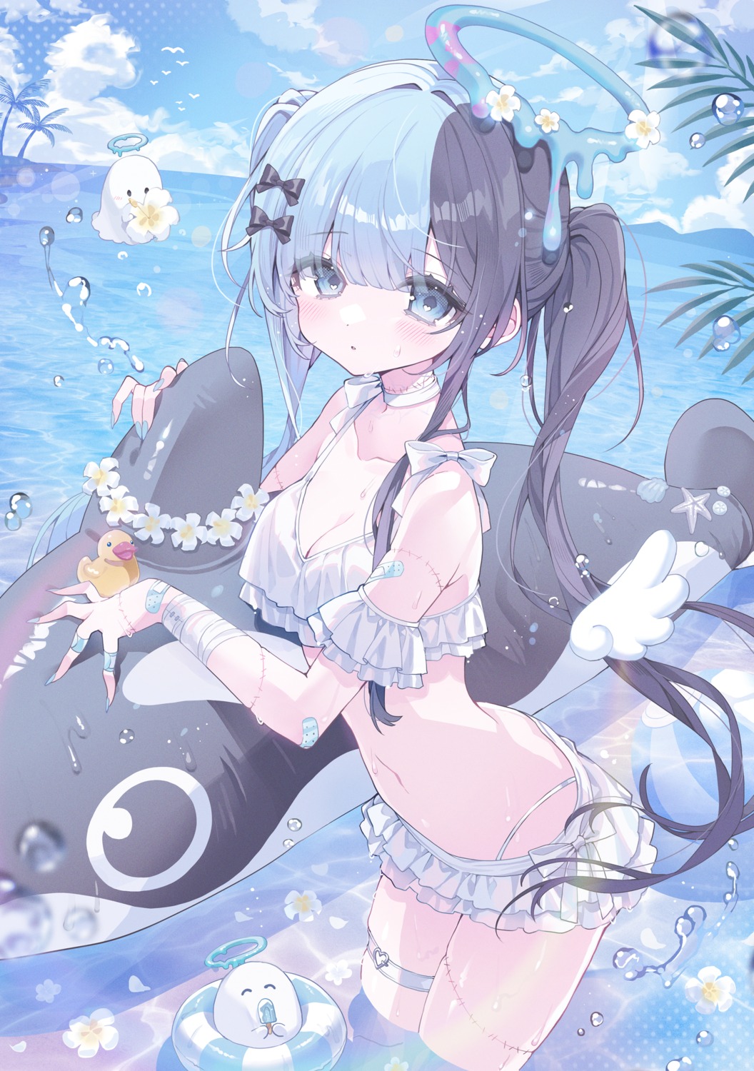 angel, bandages, bandaid, bikini, garter, konpe_itou, swimsuits, wet