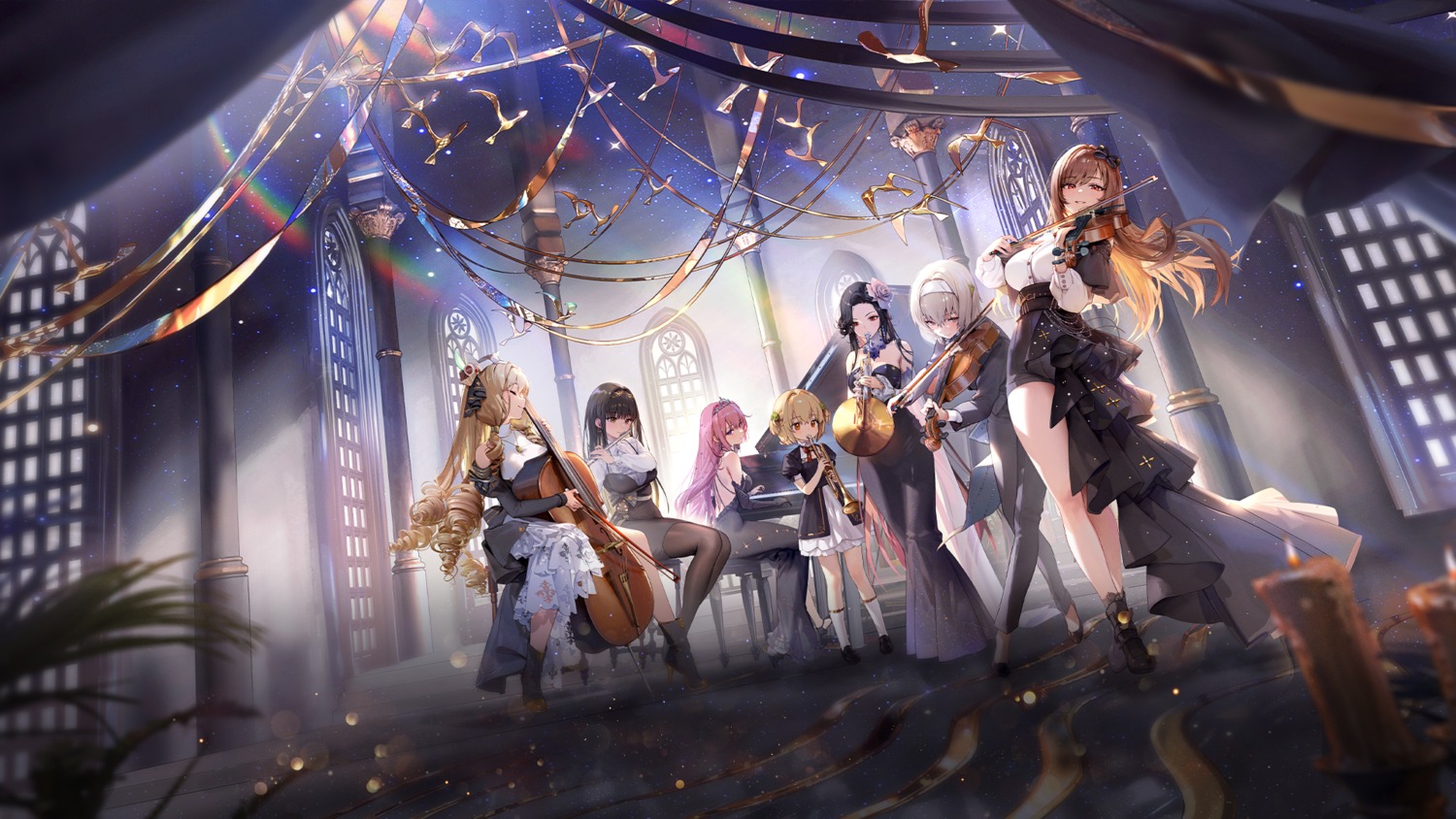 crown_(nikke), diesel_(nikke), dorothy_(nikke), dress, goddess_of_victory:_nikke, heels, julia_(nikke), liter_(nikke), maiden_(nikke), no_bra, pantyhose, rapi_(nikke), tagme, wallpaper