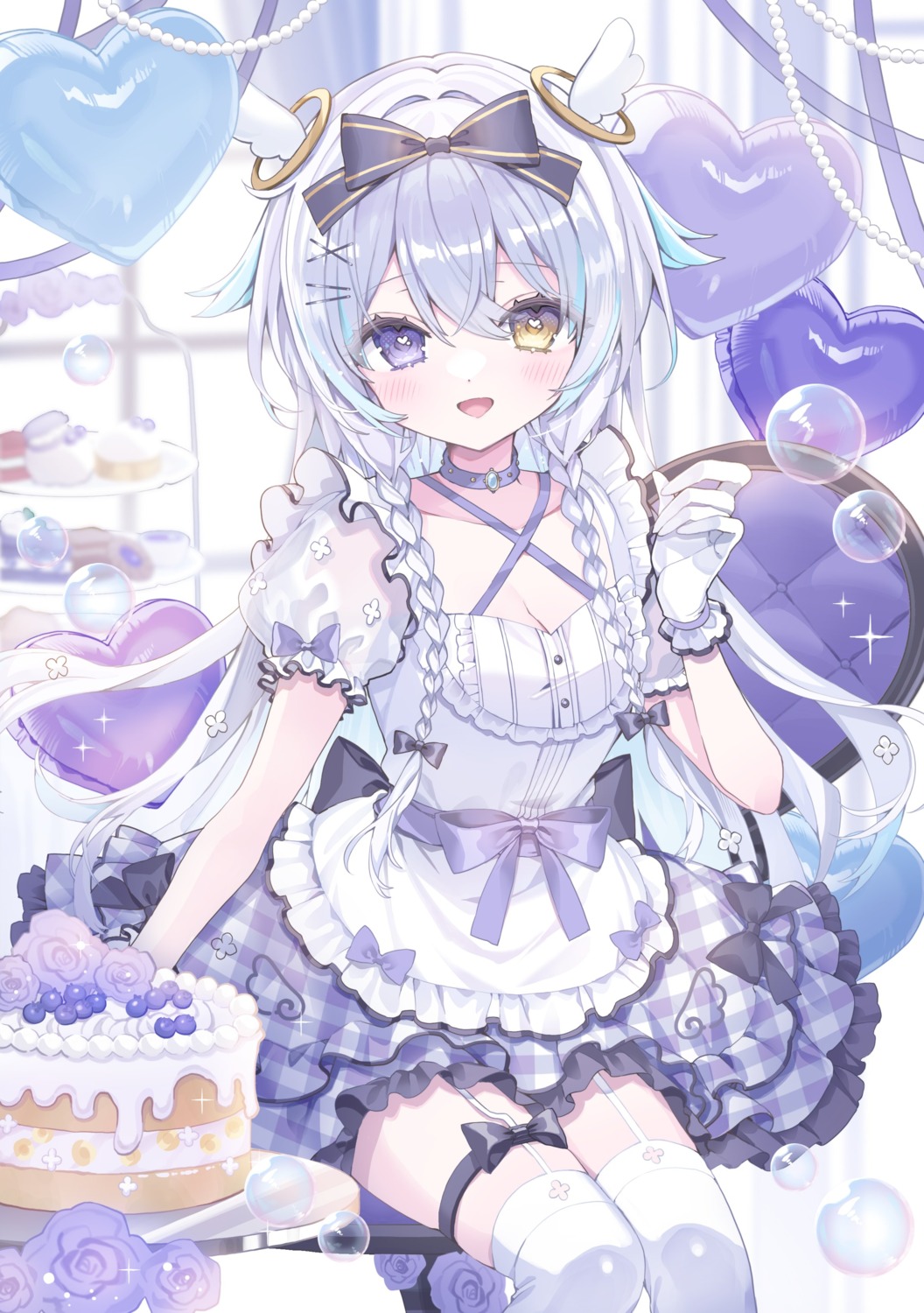 garter, halo, heterochromia, indie_virtual_youtuber, konpe_itou, maid, see_through, stockings