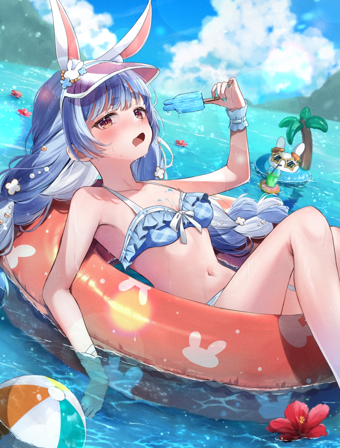animal_ears, bikini, bunny_ears, cream, garter, hololive, pecco_(pecchn478), swimsuits, usada_pekora, wet