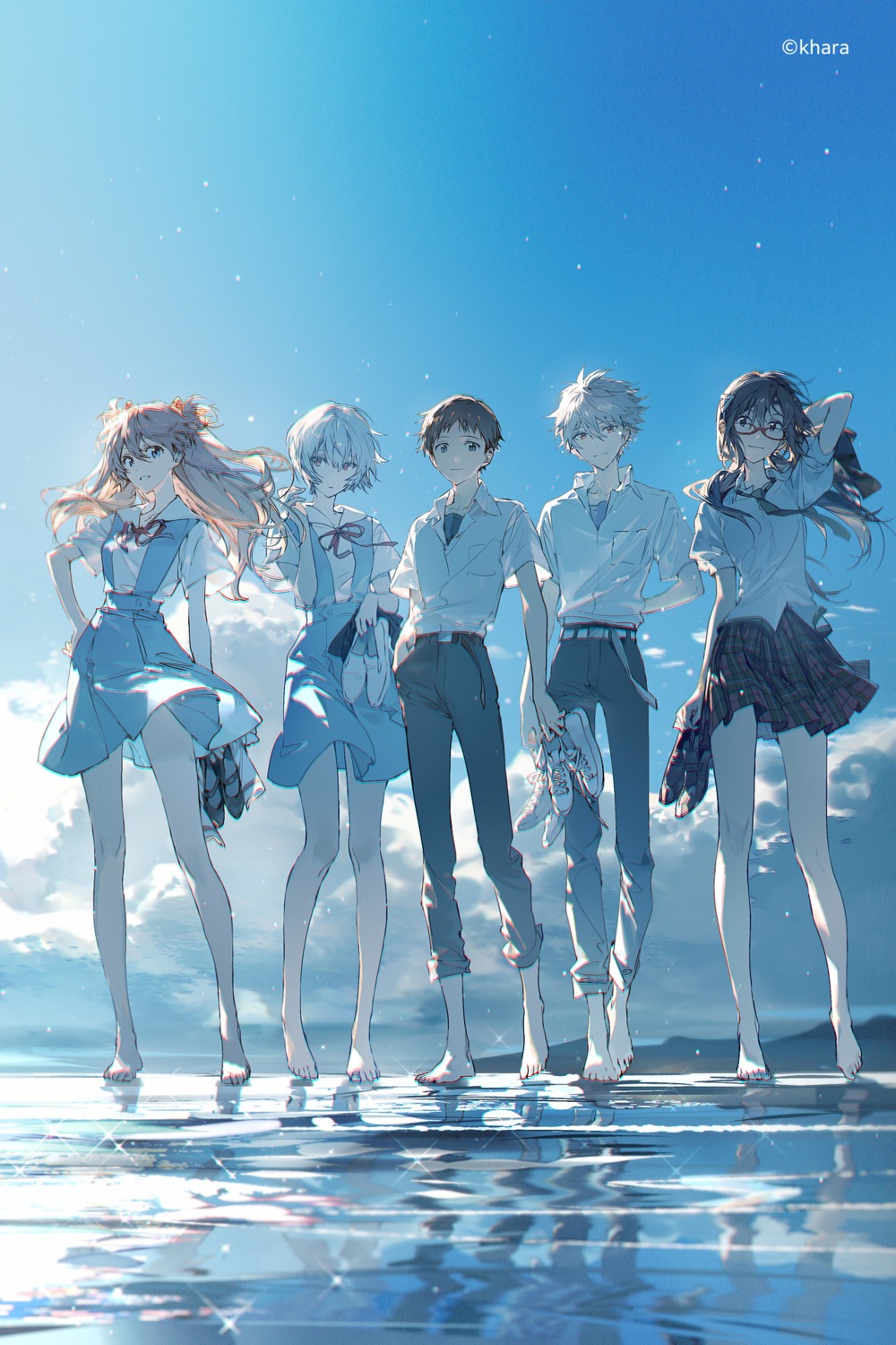 ayanami_rei, ikari_shinji, makinami_mari_illustrious, megane, nagisa_kaworu, neon_genesis_evangelion, rella, seifuku