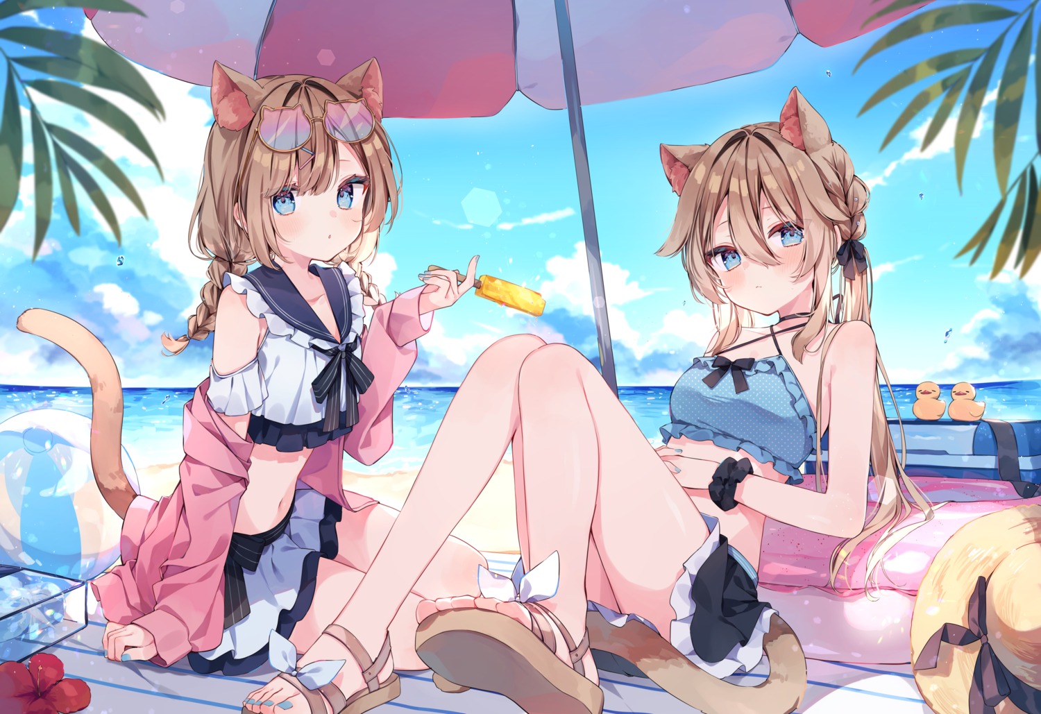 animal_ears, megane, nekomimi, pirose, skirt_lift, swimsuits, tail