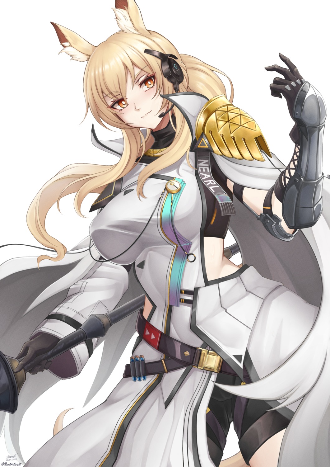 animal_ears, arknights, armor, nearl_(arknights), punnosalt, tail, weapon